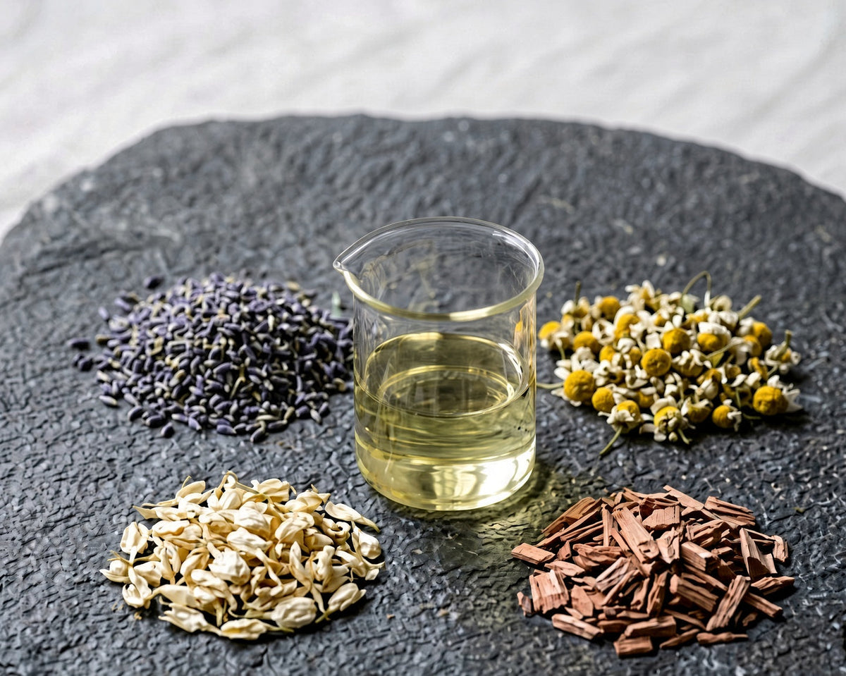 A small clear glass beaker filled with pale yellow liquid sits on a dark stone slab, surrounded by small piles of dried botanical ingredients including lavender, chamomile flowers, jasmine, and cedarwood pieces.