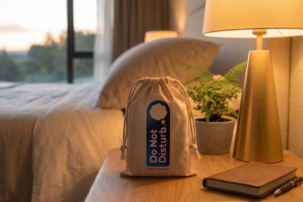 Linen & Wisewool™ sleep mask in its cotton drawstring travel pouch on a bedside table
